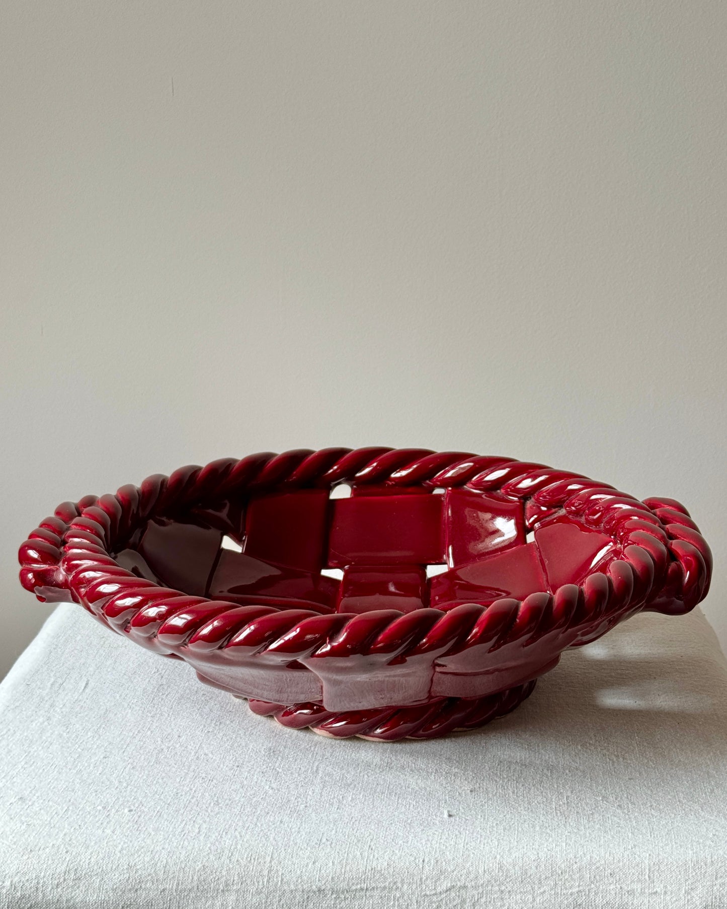 Large Vallauris Glossy Red Ceramic Woven Bowl