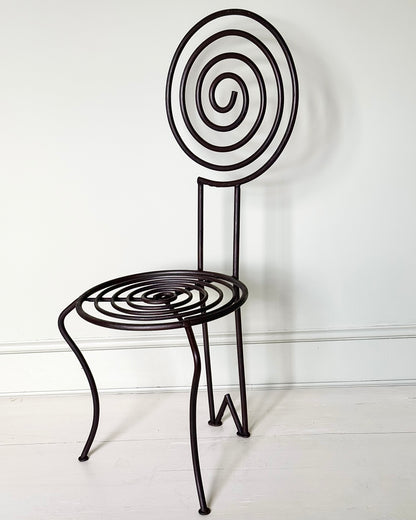 Pair of French Atelier Wrought Iron Spiral Chairs, Signed JTS