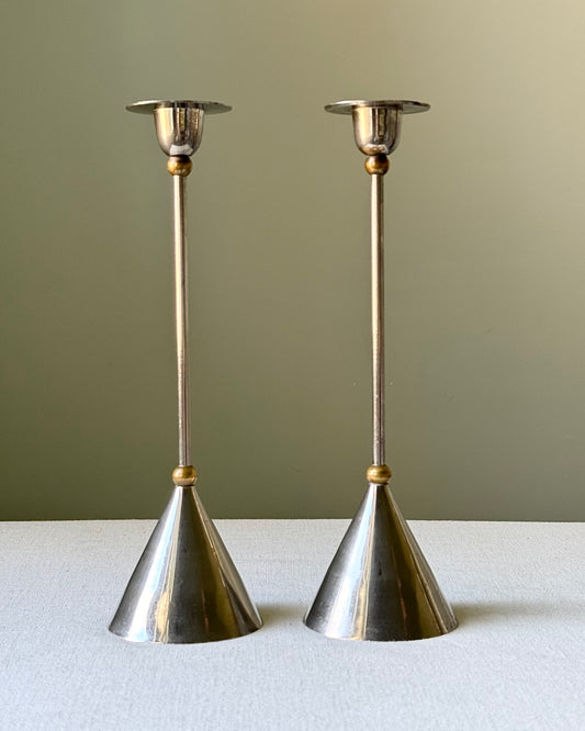 Pair of Chrome and Brass Memphis Style Candlesticks
