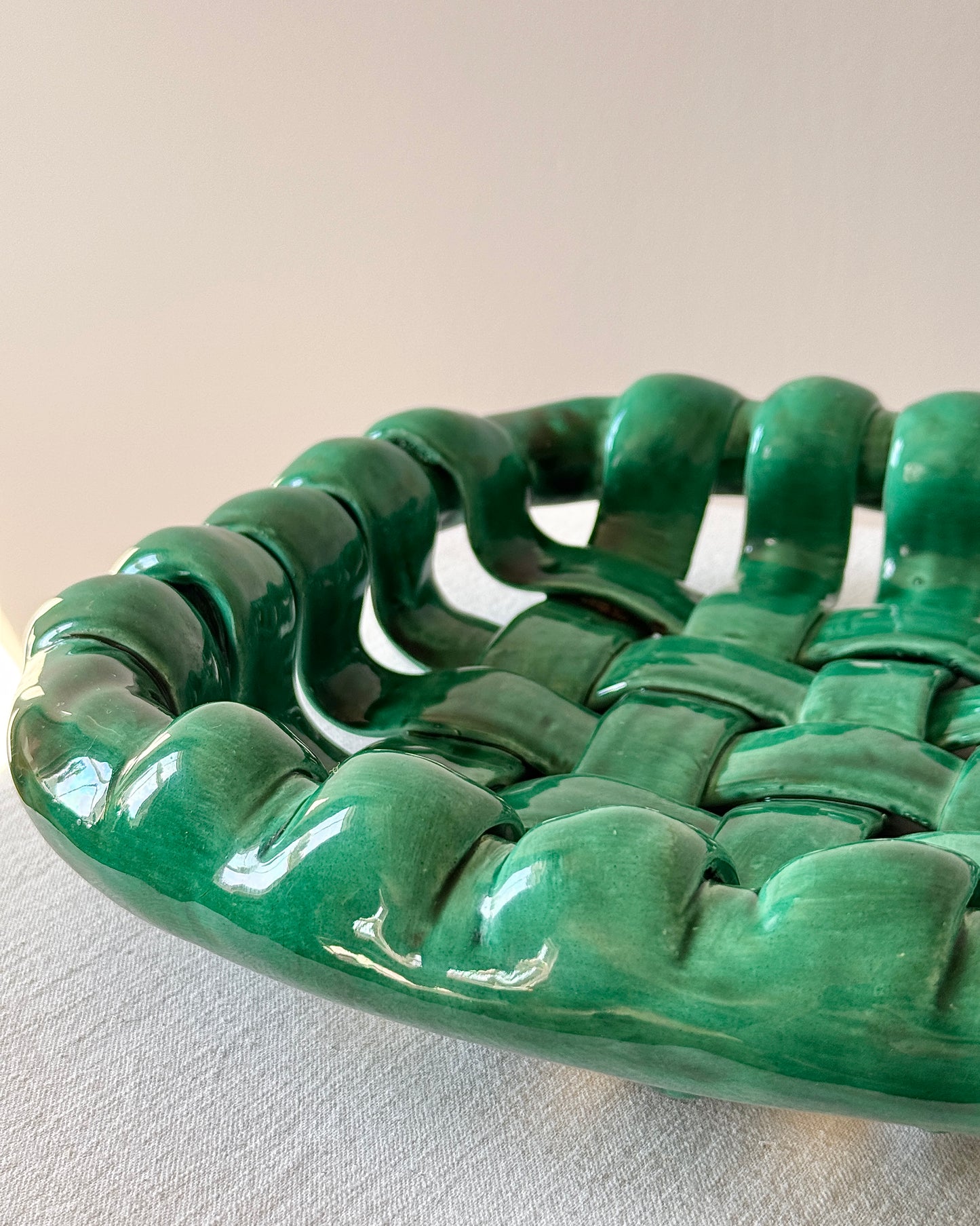 Large Emerald Green Glazed Ceramic Chunky Woven Bowl