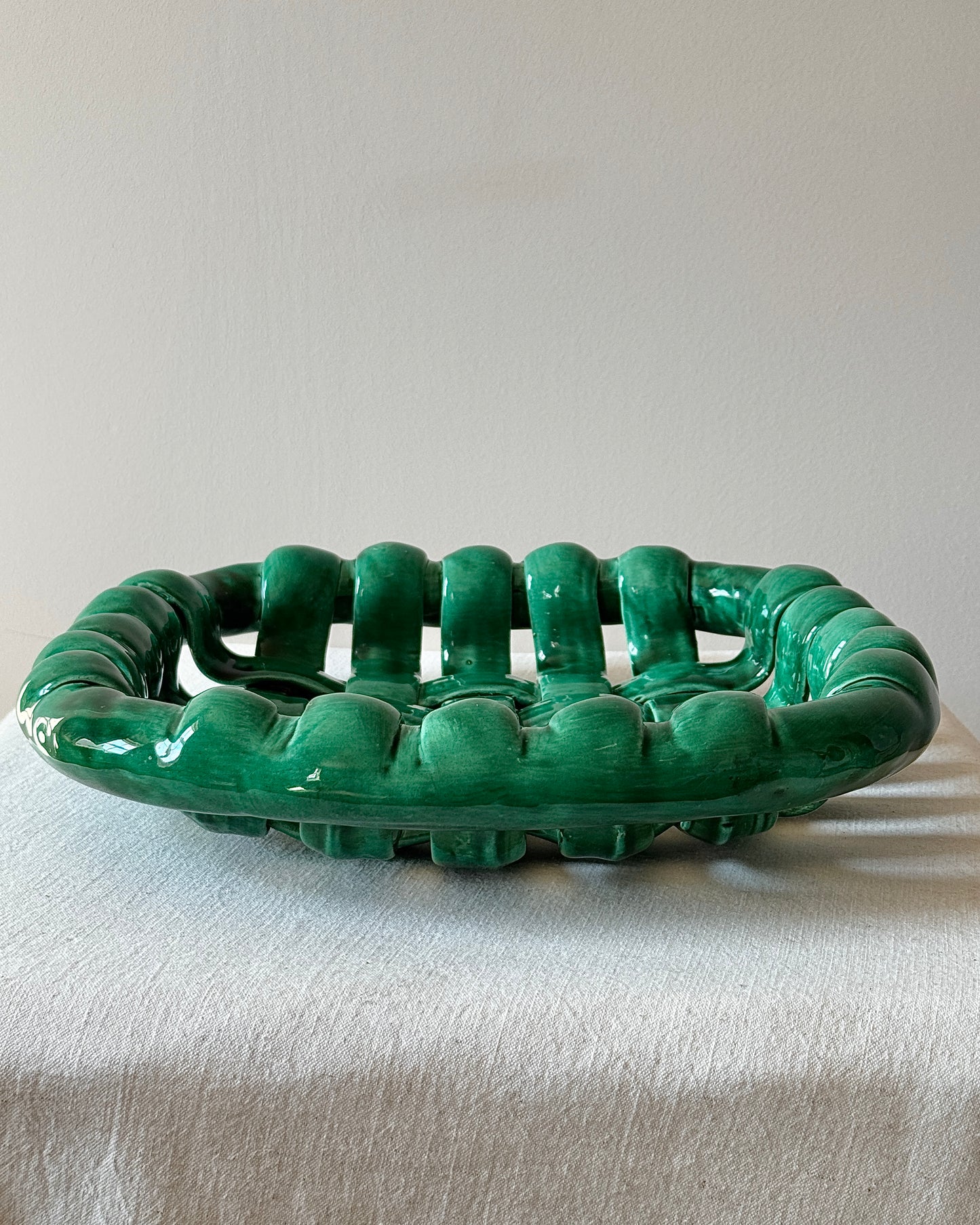 Large Emerald Green Glazed Ceramic Chunky Woven Bowl