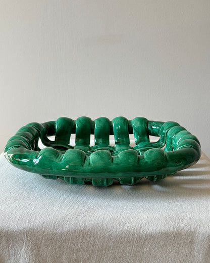 Large Emerald Green Glazed Ceramic Chunky Woven Bowl