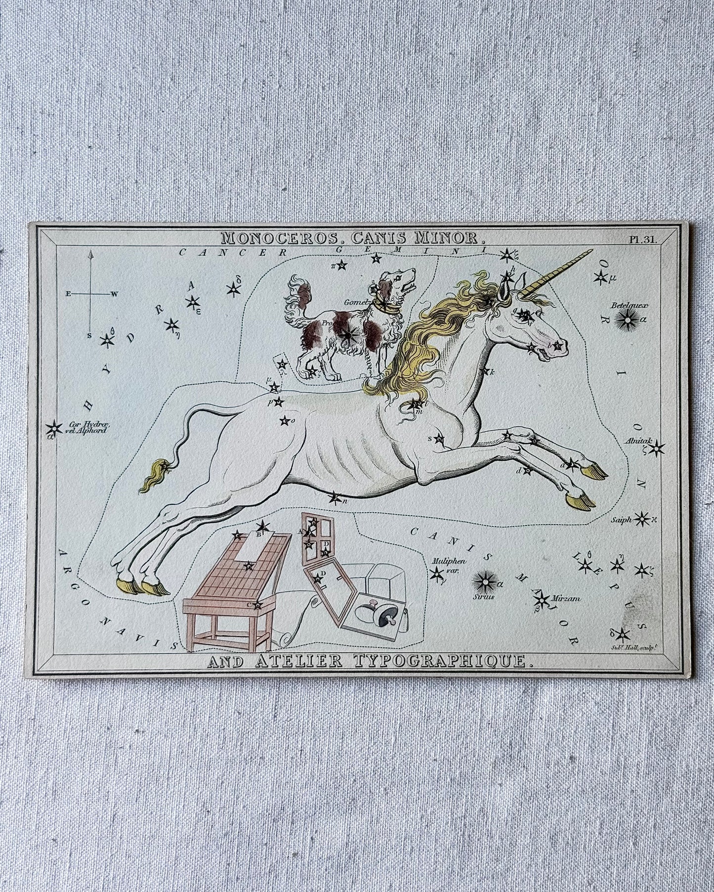 Antique Hand-Painted Constellation Print ‘Urania’s Mirror’ by Sidney Hall c. 1825