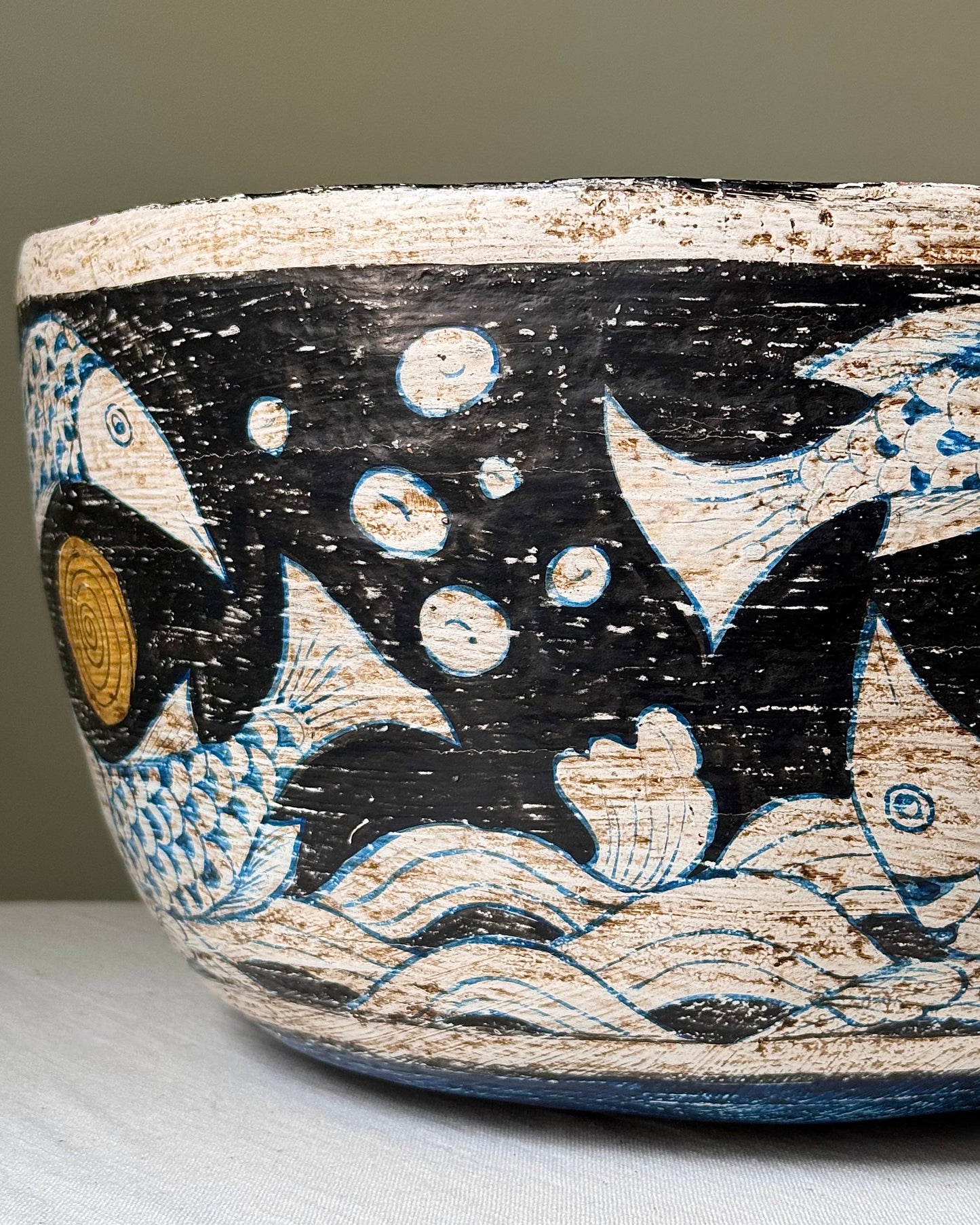 Large Spanish Balearic Folkloric Fish Spiral Wooden Bowl