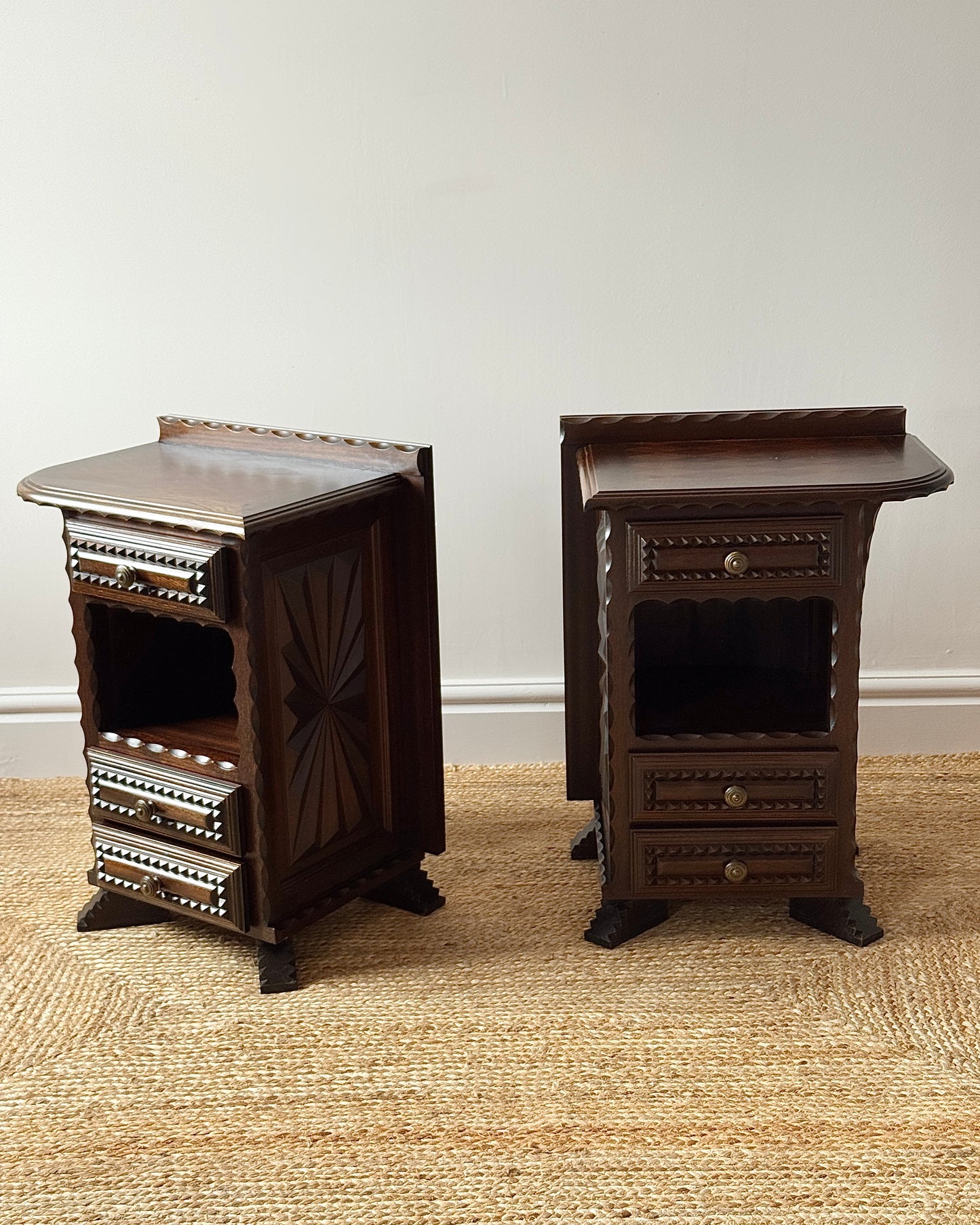 Pair of Folk Carved Oak Bedside Tables, French c.1940