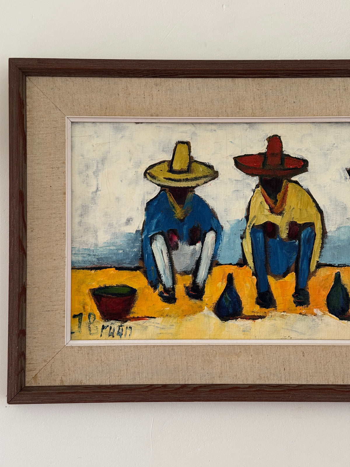 Three Men in Sombreros Oil on Panel