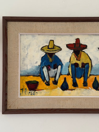 Three Men in Sombreros Oil on Panel