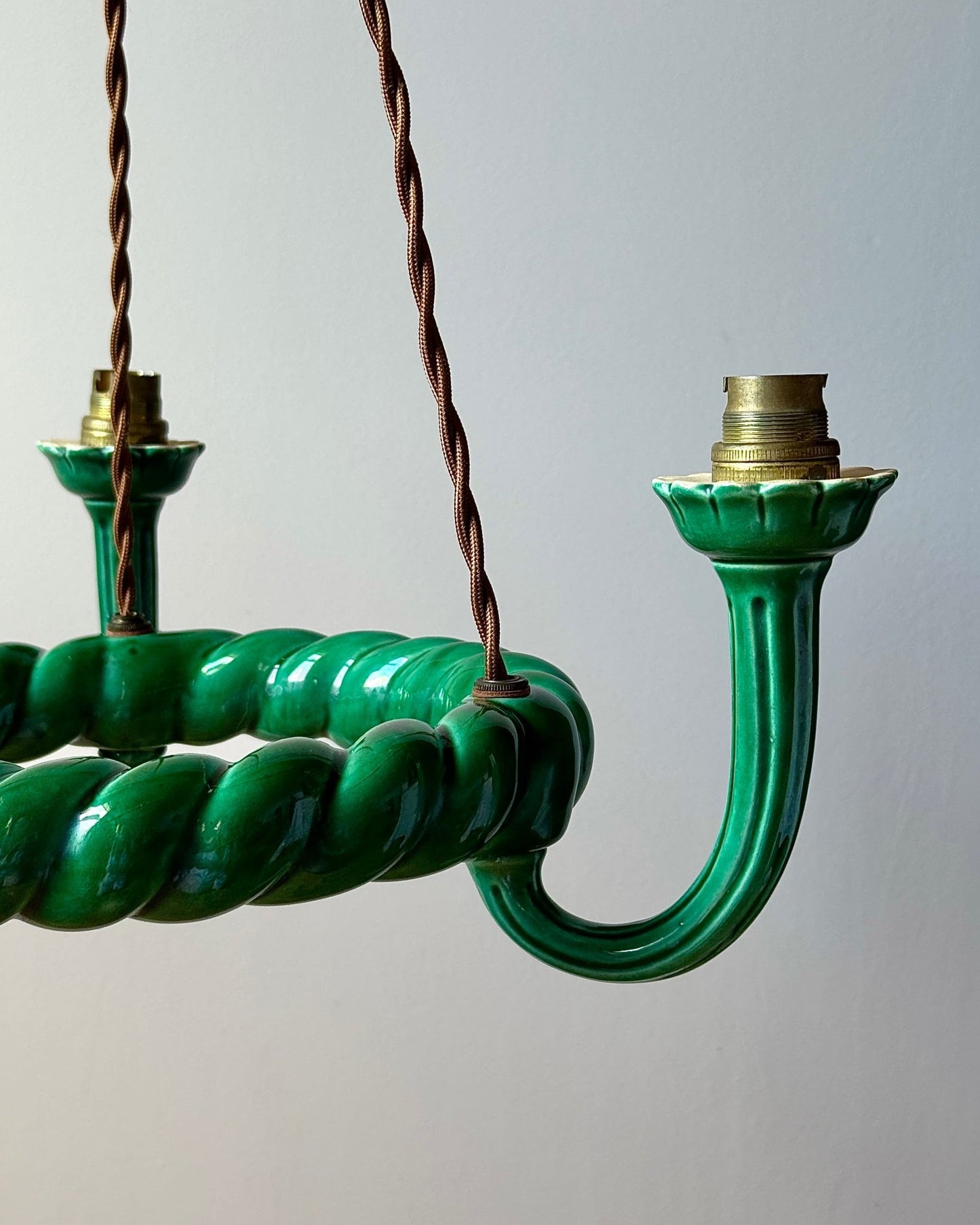 Green Glazed Ceramic Three-Light Chandelier c.1960 - Club Sourced