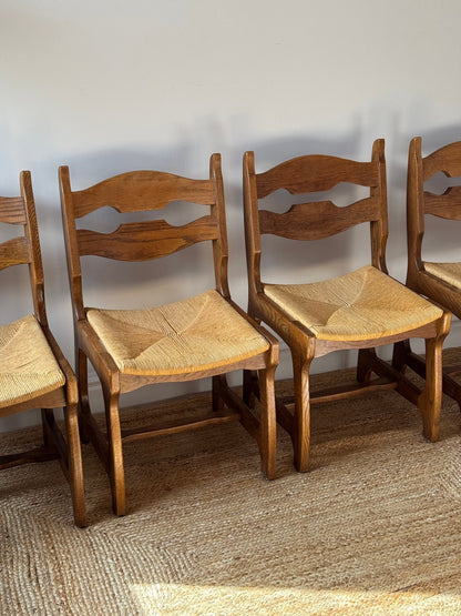Set of Four Razor Back Oak & Woven Dining Chairs by Guillerme et Chambron - Club Sourced