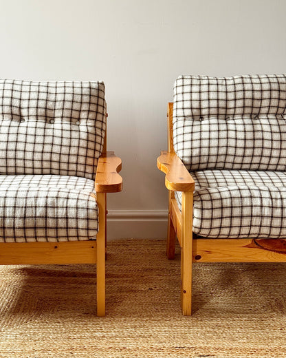 Scandinavian Pine Armchairs with Check Upholstery 1970s