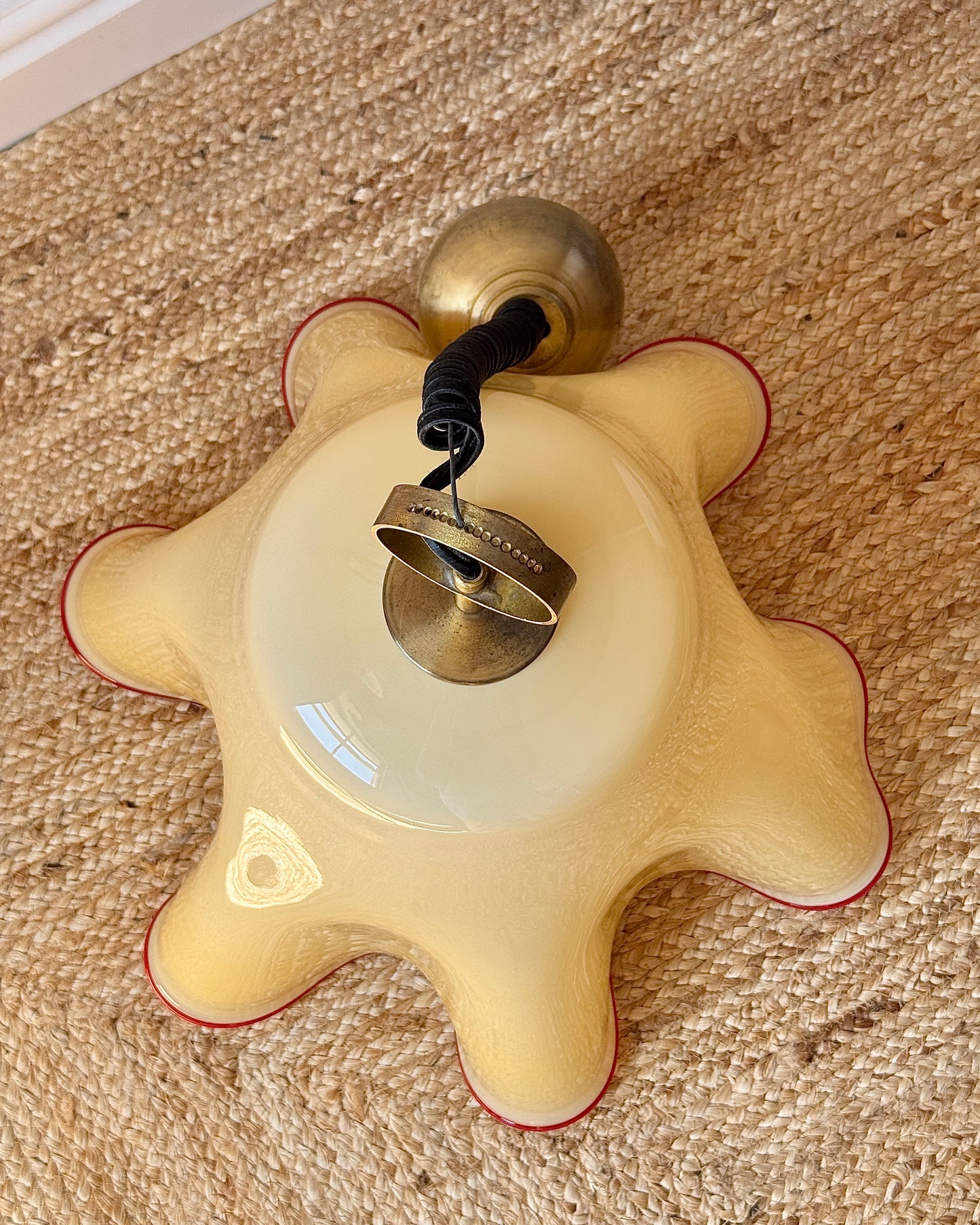 Large Murano Buttery Yellow & Red Rim Handkerchief Pendant, c. 1970s