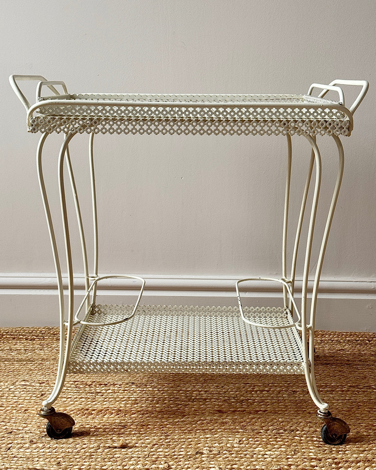 White Perforated Metal Bar Cart, In the Style of Mathieu Matégot