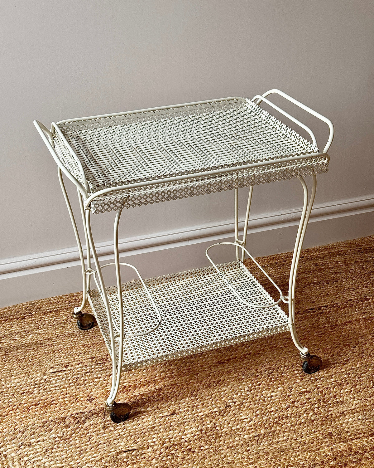 White Perforated Metal Bar Cart, In the Style of Mathieu Matégot