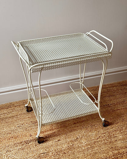 White Perforated Metal Bar Cart, In the Style of Mathieu Matégot