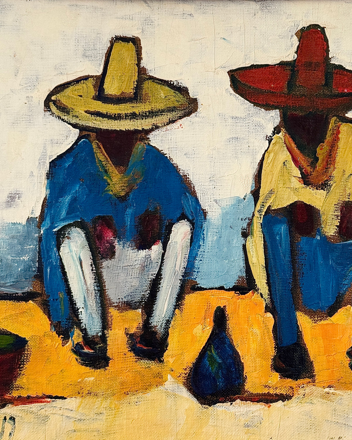 Three Men in Sombreros Oil on Panel