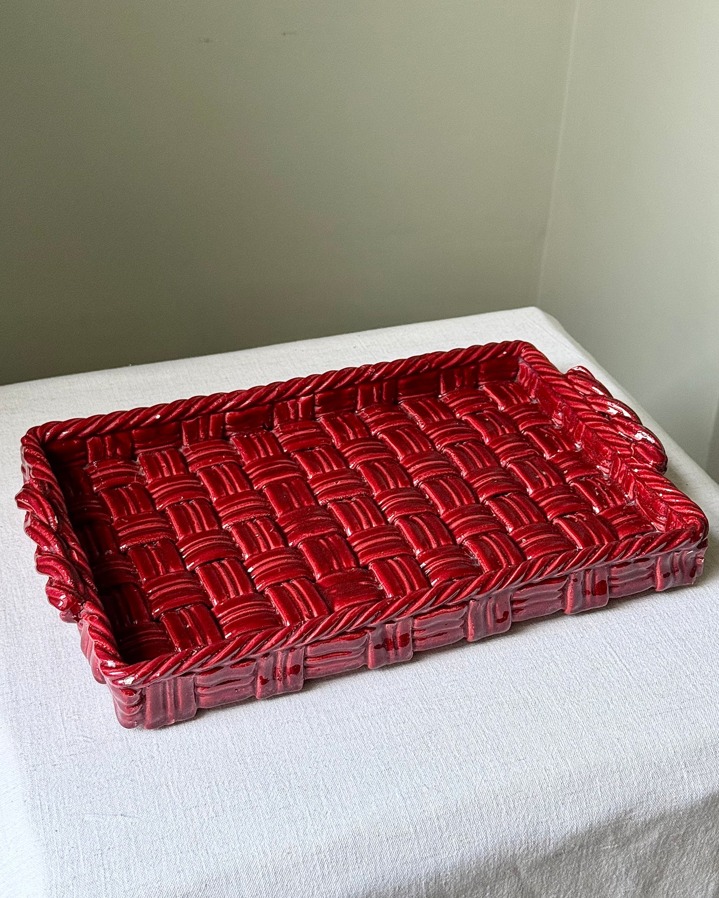 Mid-Century Vallauris Red Woven Ceramic Tray