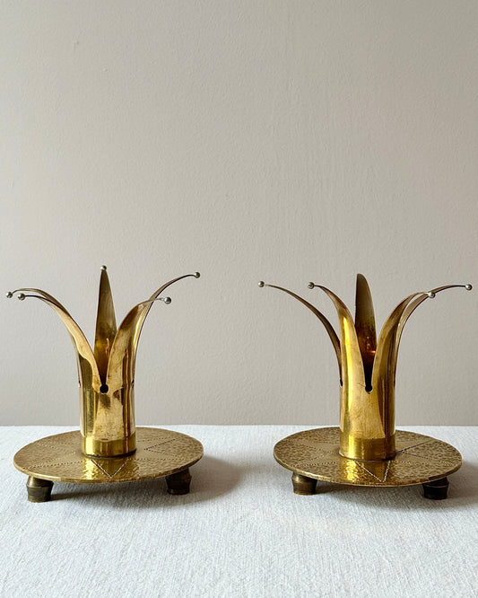 Pair of Swedish Brass Crown Candleholders with Hammered Bases, circa 1950