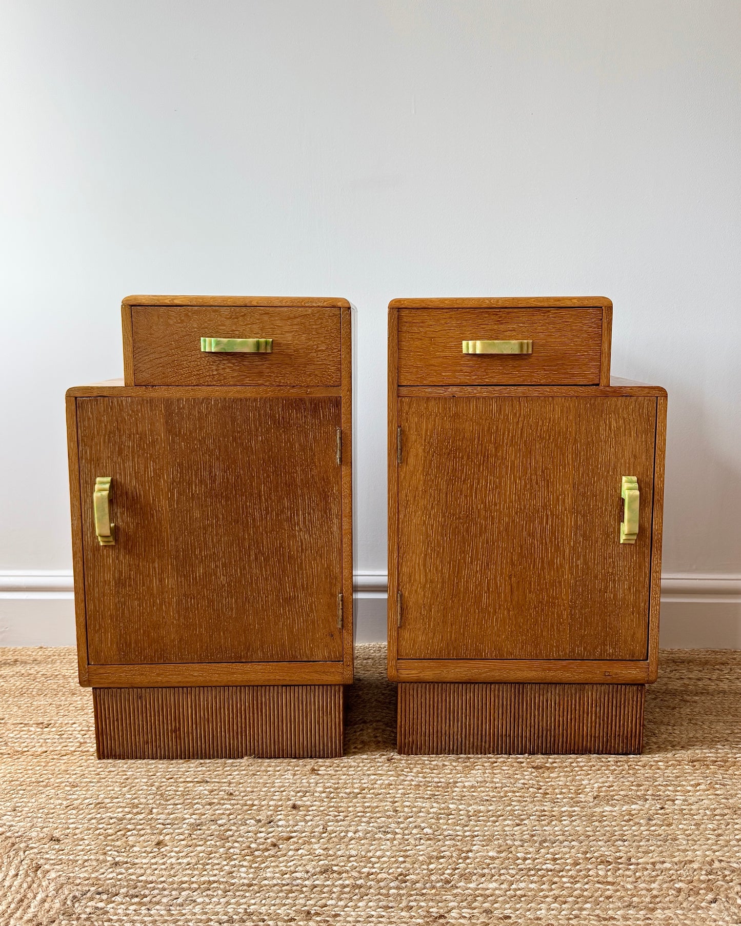Pair of Art Deco Limed Oak Bedside Tables, c.1930