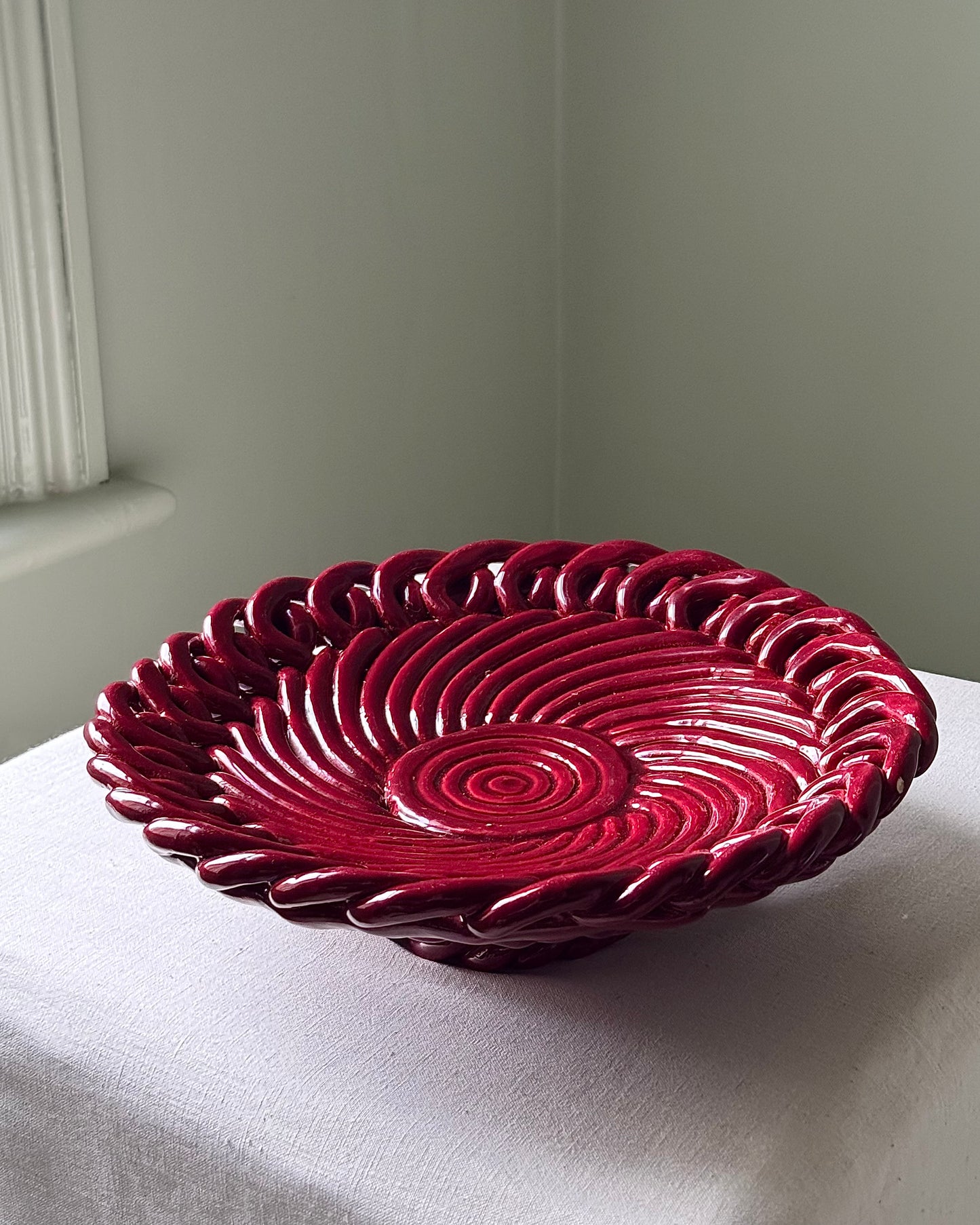 Large Vallauris Glossy Red Glaze Twisted Rope Bowl
