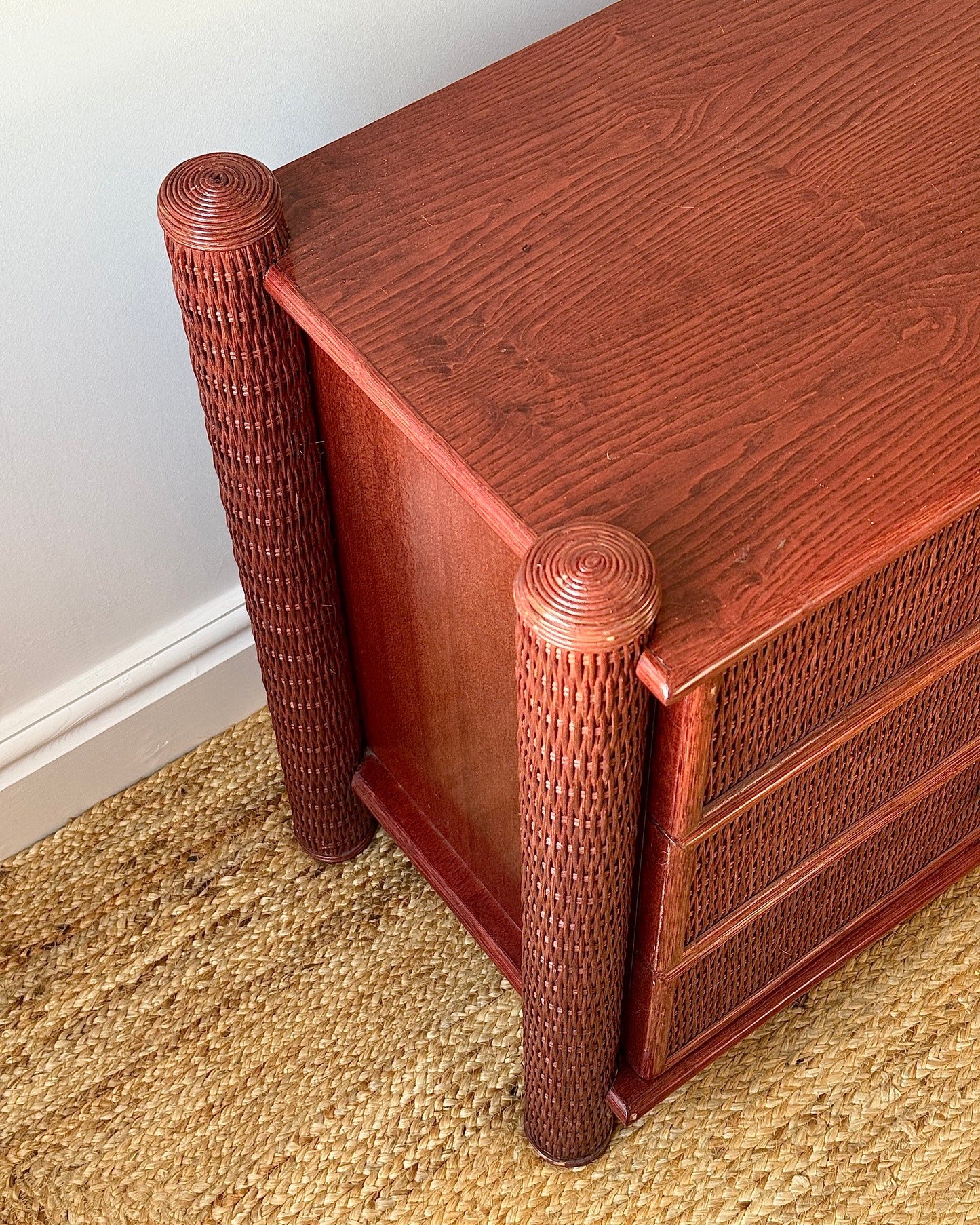 French 1970’s Red Rattan Chest of Drawers