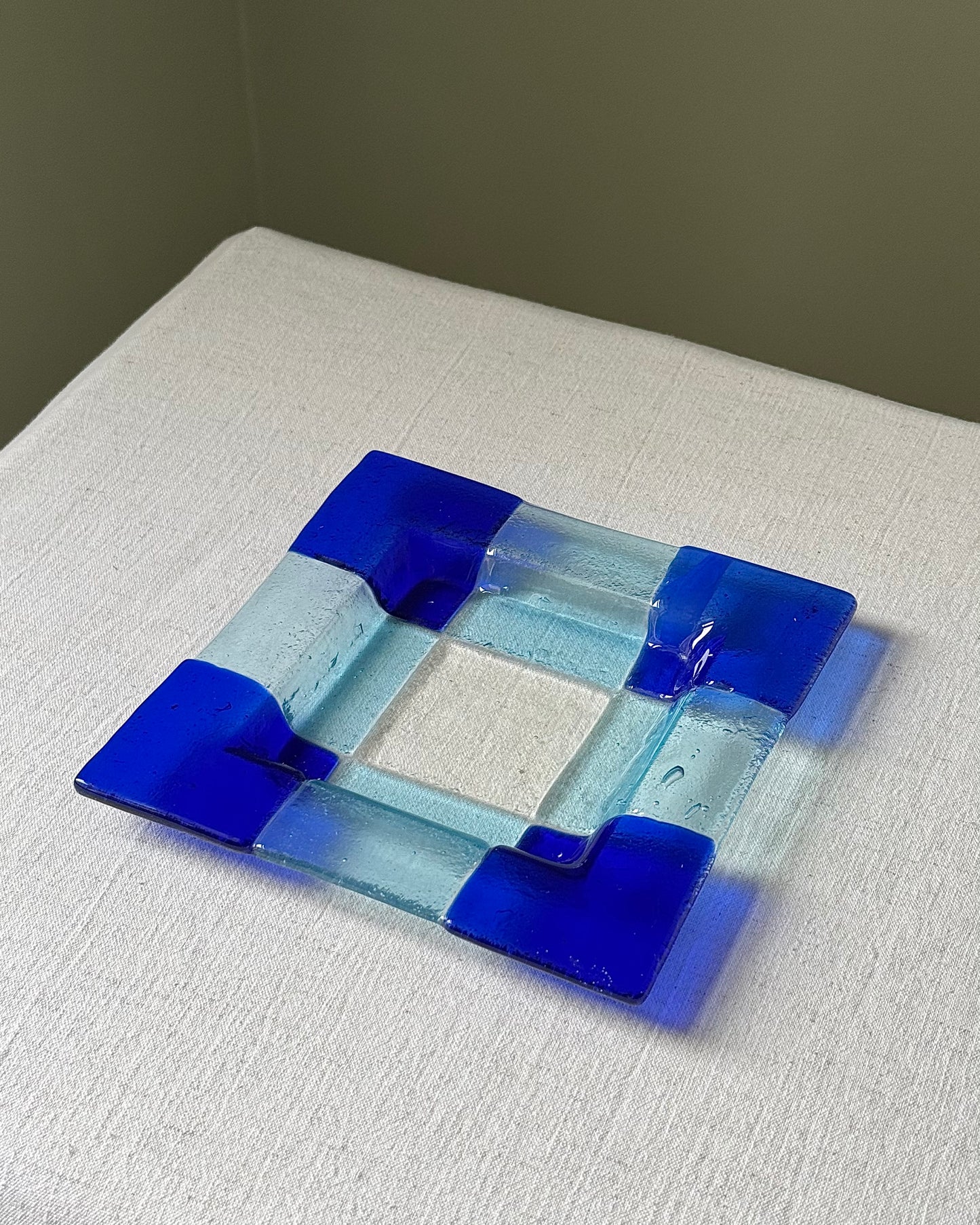 Scandinavian Geometric Blue & Aqua Glass Dish, 1970’s