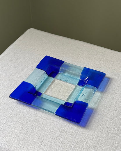 Scandinavian Geometric Blue & Aqua Glass Dish, 1970’s