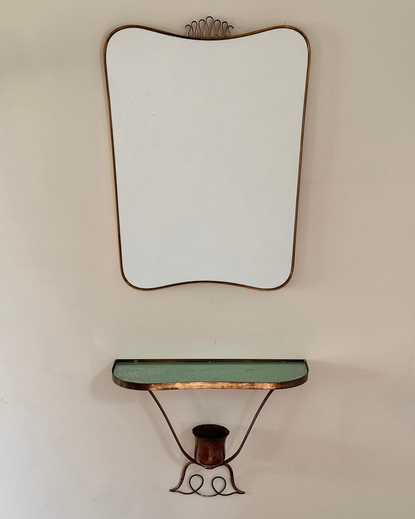 Italian Brass Sheild Mirror and Console, Attributed to Gio Ponti, c.1950s - Club Sourced