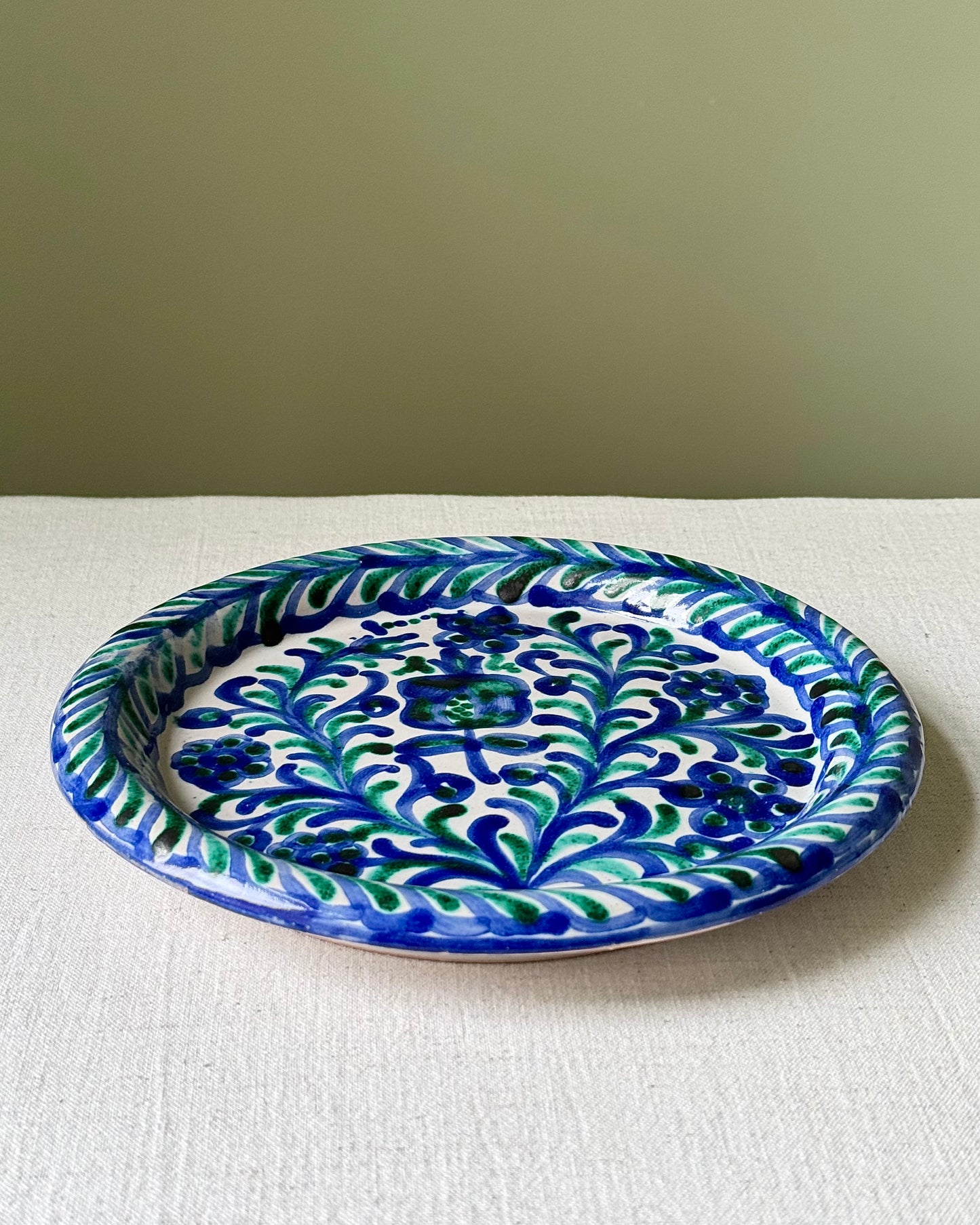 Fajalauza Ceramic Plate with Hand Painted Blue and Green Floral Motifs