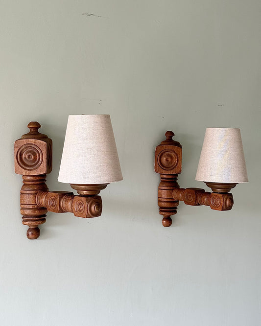 Pair of French Turned Wood Sconces, Style of Charles Dudouyt