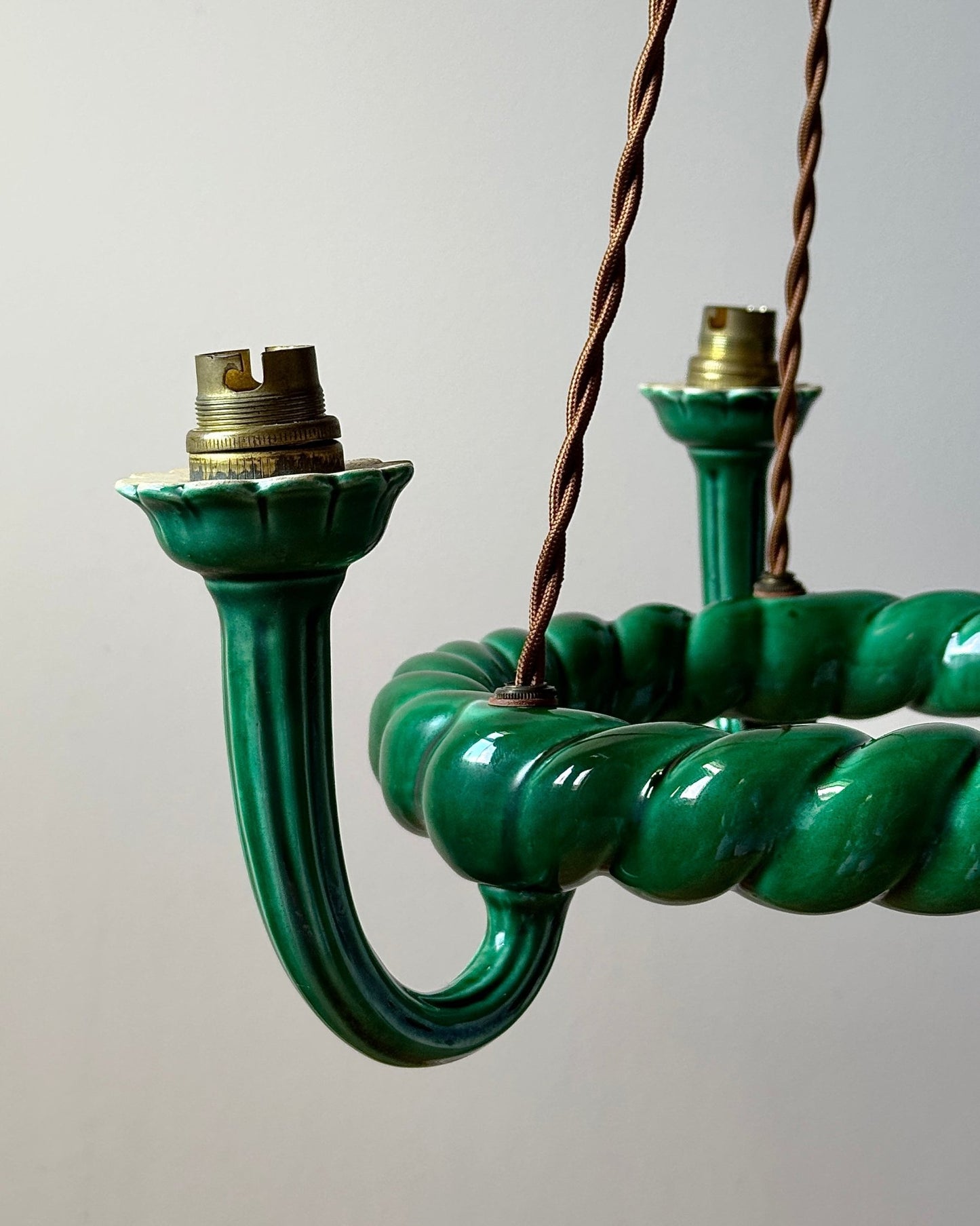 Green Glazed Ceramic Three-Light Chandelier c.1960 - Club Sourced