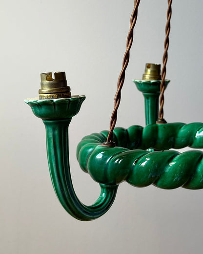 Green Glazed Ceramic Three-Light Chandelier c.1960 - Club Sourced