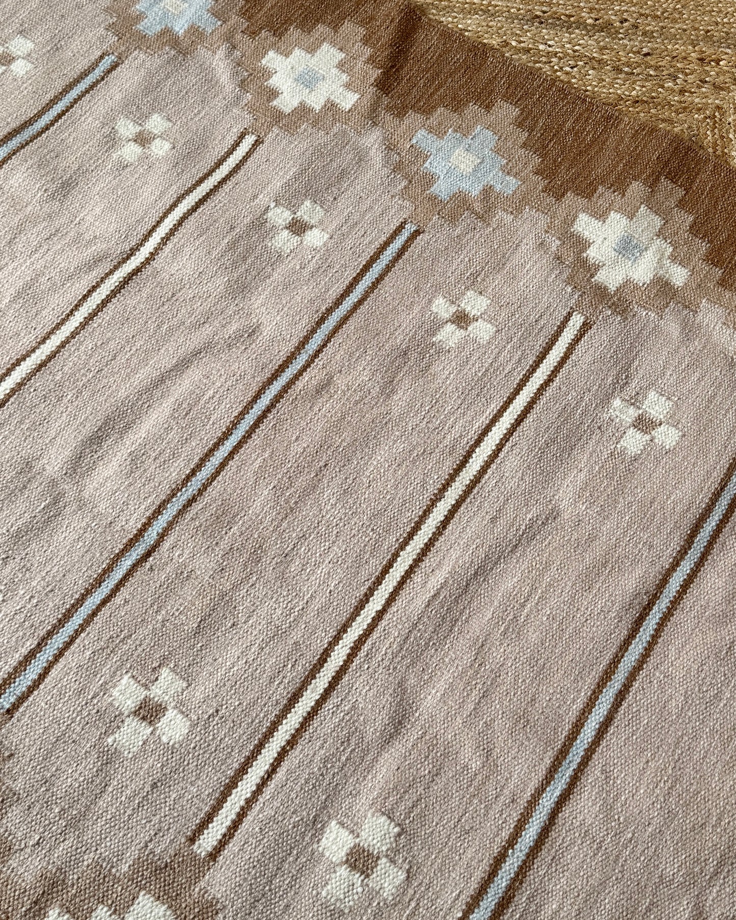 Swedish Flatweave Röllakan Wool Rug with Stepped Geometric Frame