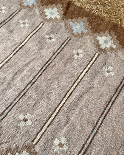 Swedish Flatweave Röllakan Wool Rug with Stepped Geometric Frame