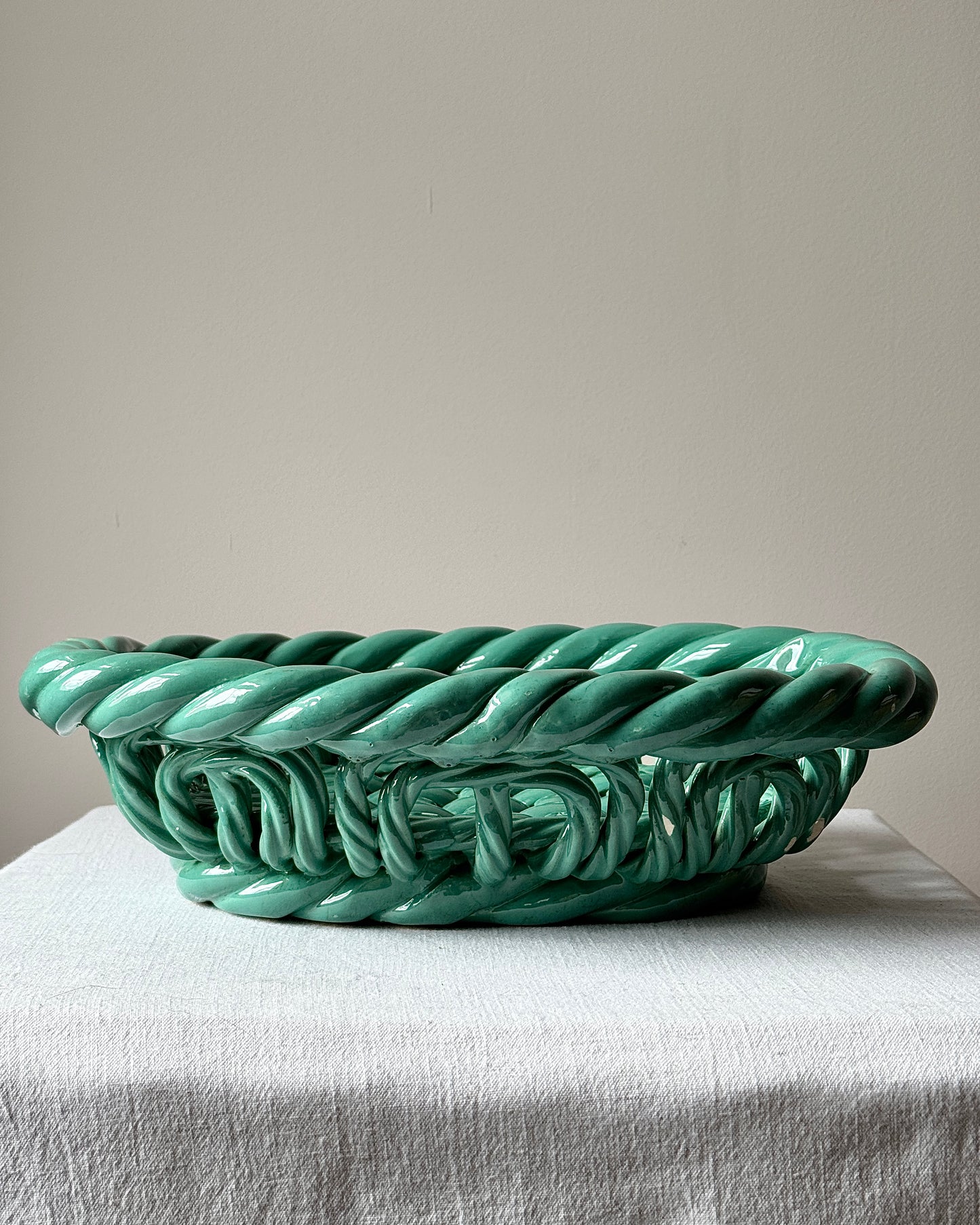 Vallauris Green Glaze Woven Ceramic Bowl