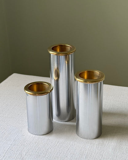Trio of Brushed Steel and Brass Tealight Holders, in the Manner of Staffan Englesson