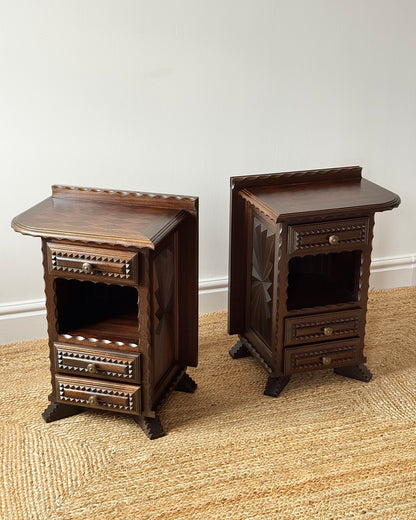 Pair of Folk Carved Oak Bedside Tables, French c.1940