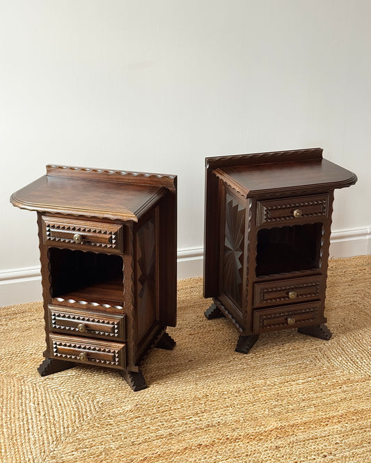 Pair of Folk Carved Oak Bedside Tables, French c.1940