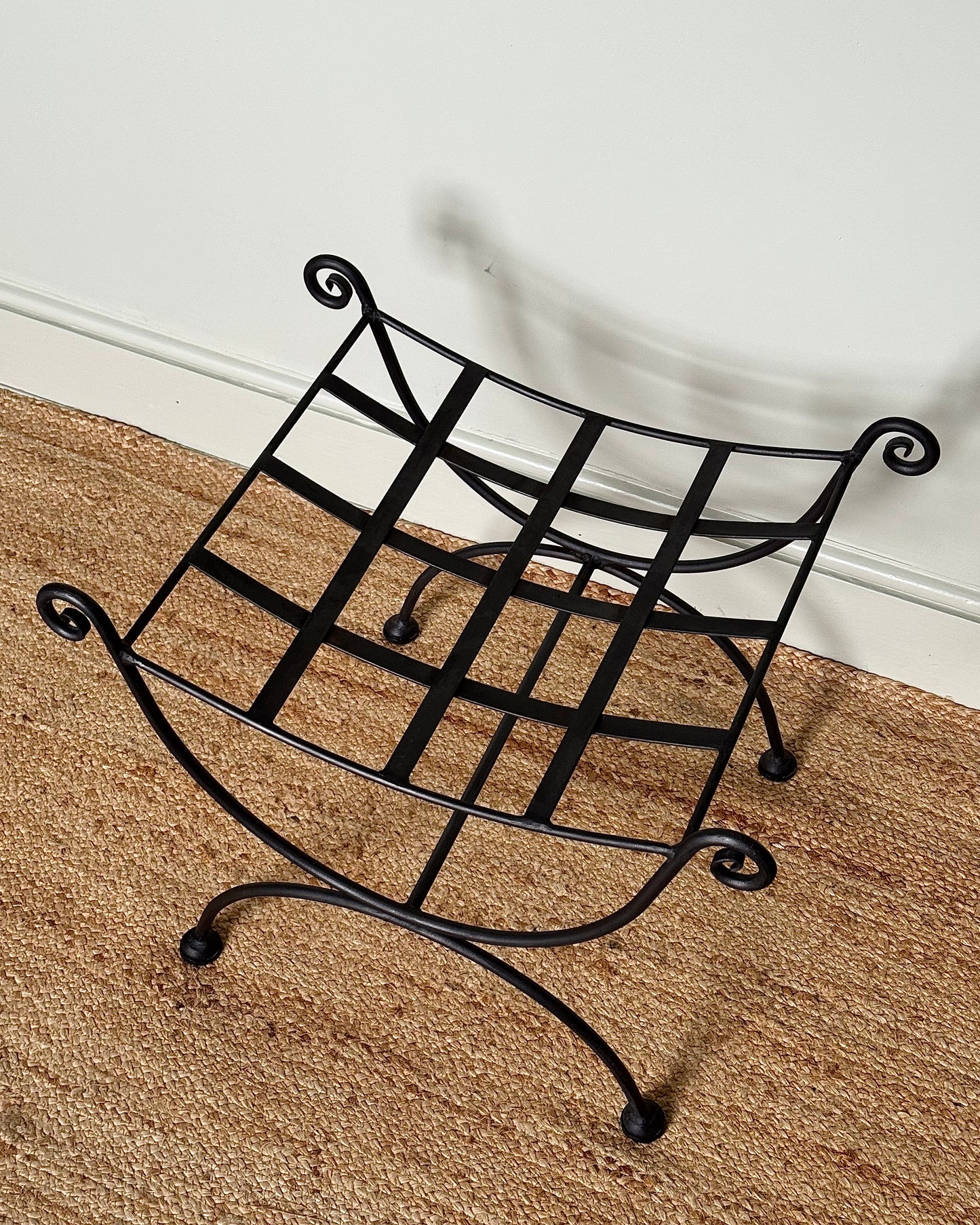 Vintage French Iron Curule Stool with Sculptural Curls