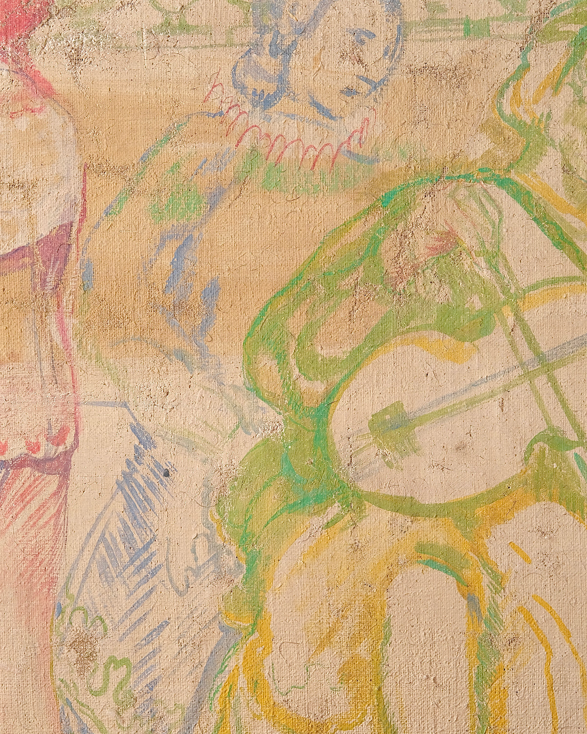 French Painted Hessian Mural Fragment of Musician, 1970s