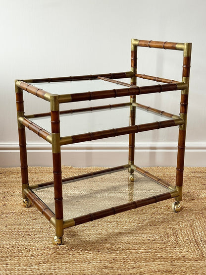 French Faux Bamboo and Brass Three-Tier Bar Cart - Club Sourced