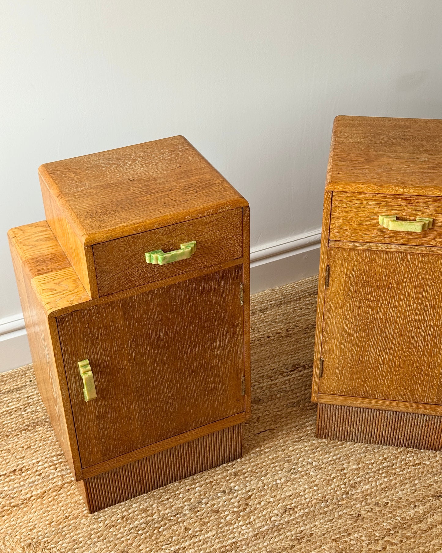 Pair of Art Deco Limed Oak Bedside Tables, c.1930