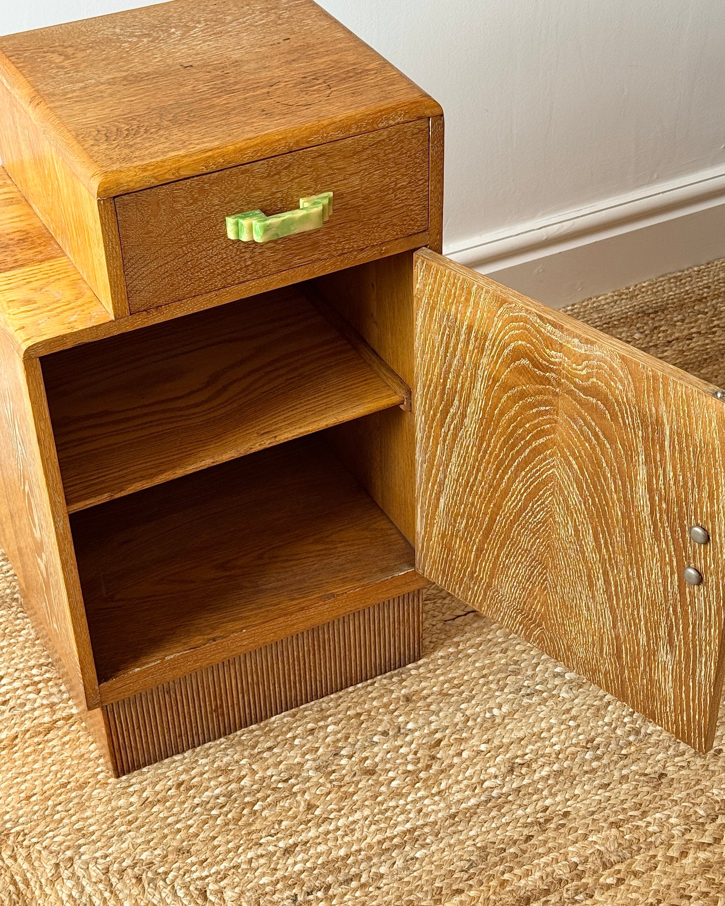 Pair of Art Deco Limed Oak Bedside Tables, c.1930