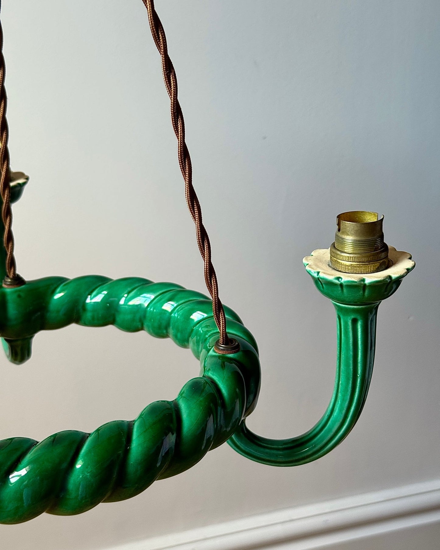 Green Glazed Ceramic Three-Light Chandelier c.1960 - Club Sourced
