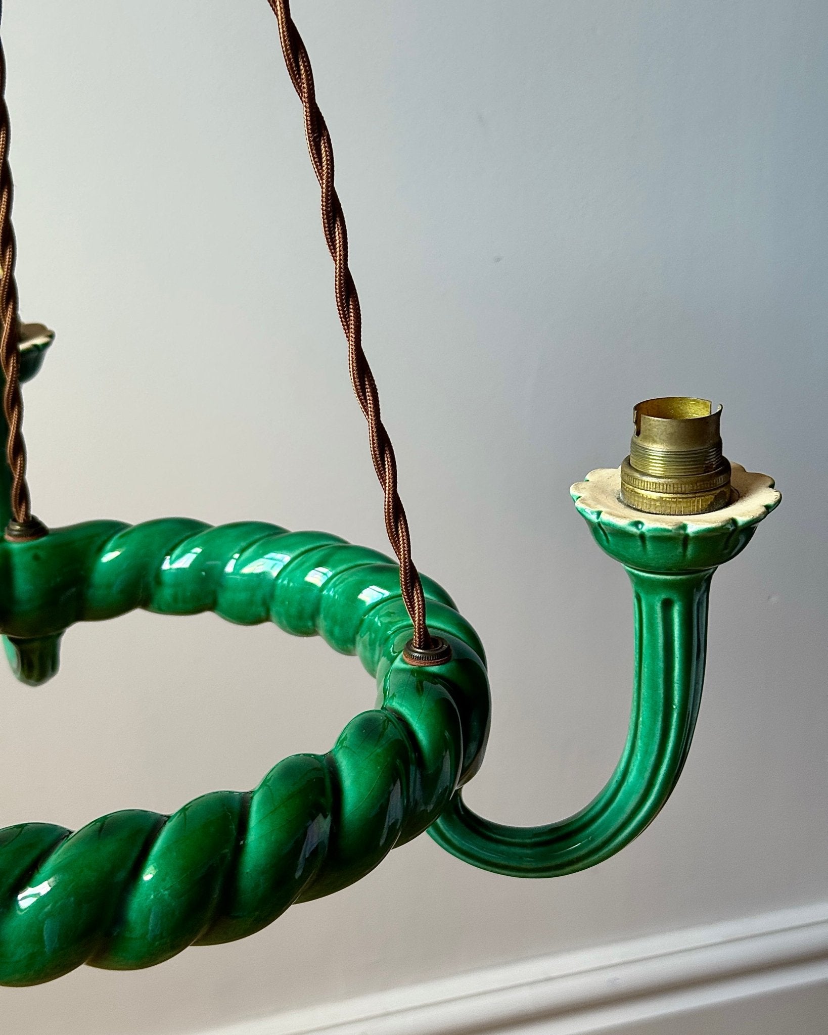 Green Glazed Ceramic Three-Light Chandelier c.1960 - Club Sourced