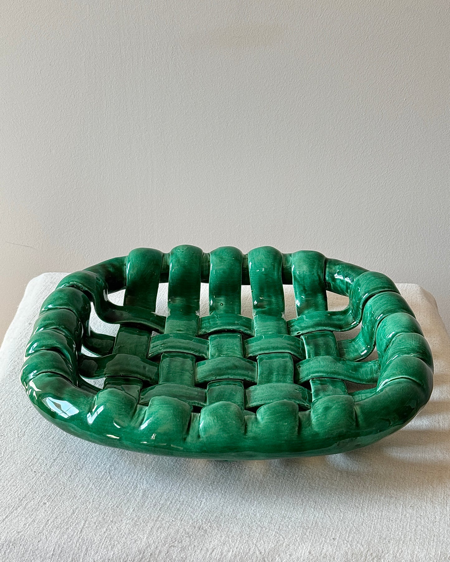 Large Emerald Green Glazed Ceramic Chunky Woven Bowl
