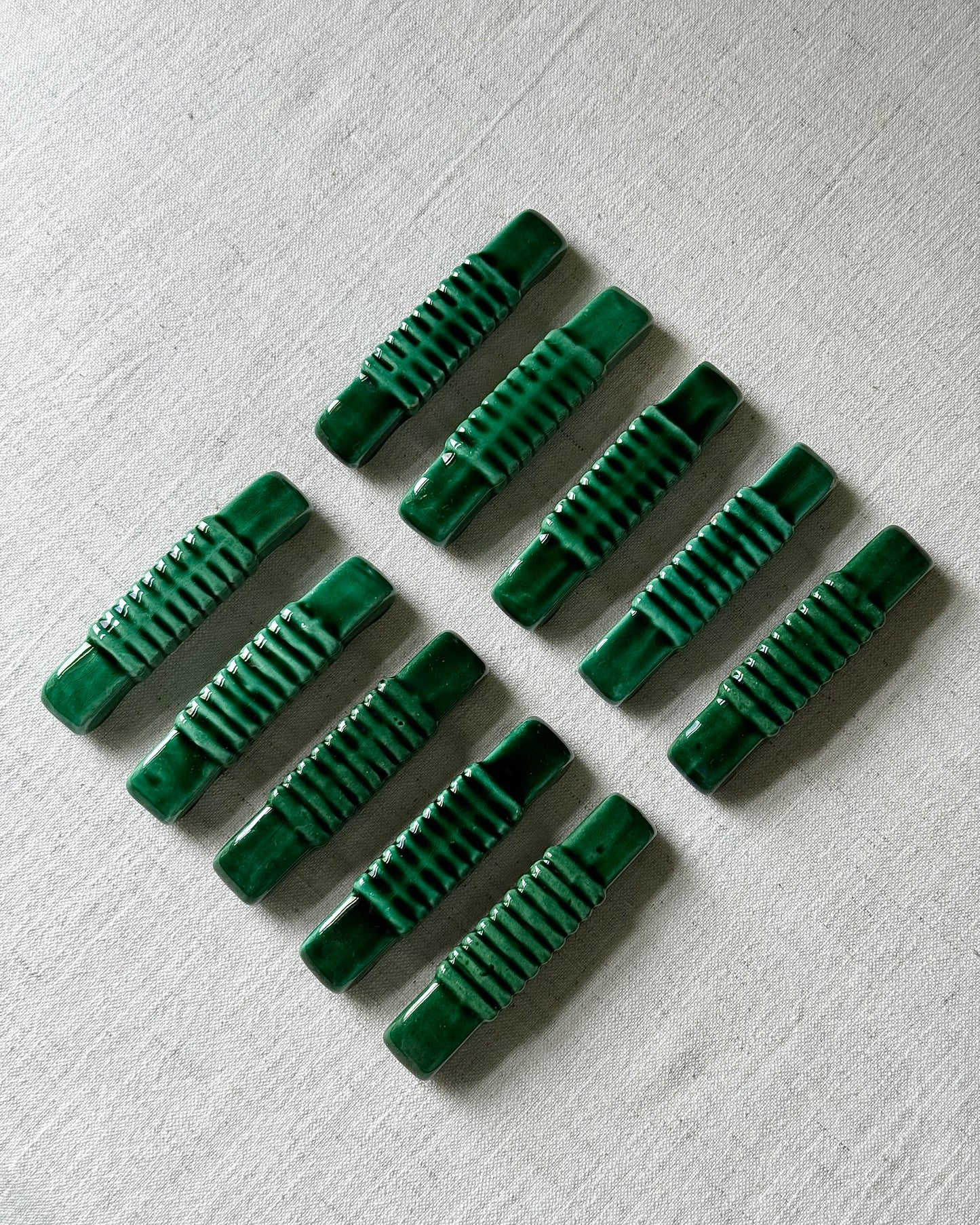 Set of 10 x French Mid-century Glossy Green Ceramic Cutlery Rests