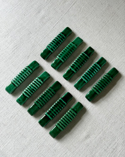Set of 10 x French Mid-century Glossy Green Ceramic Cutlery Rests
