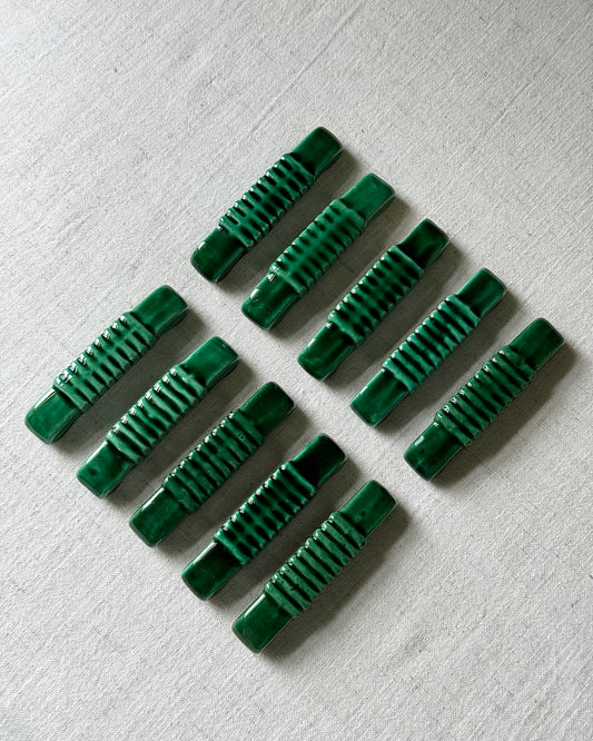 Set of 10 x French Mid-century Glossy Green Ceramic Cutlery Rests