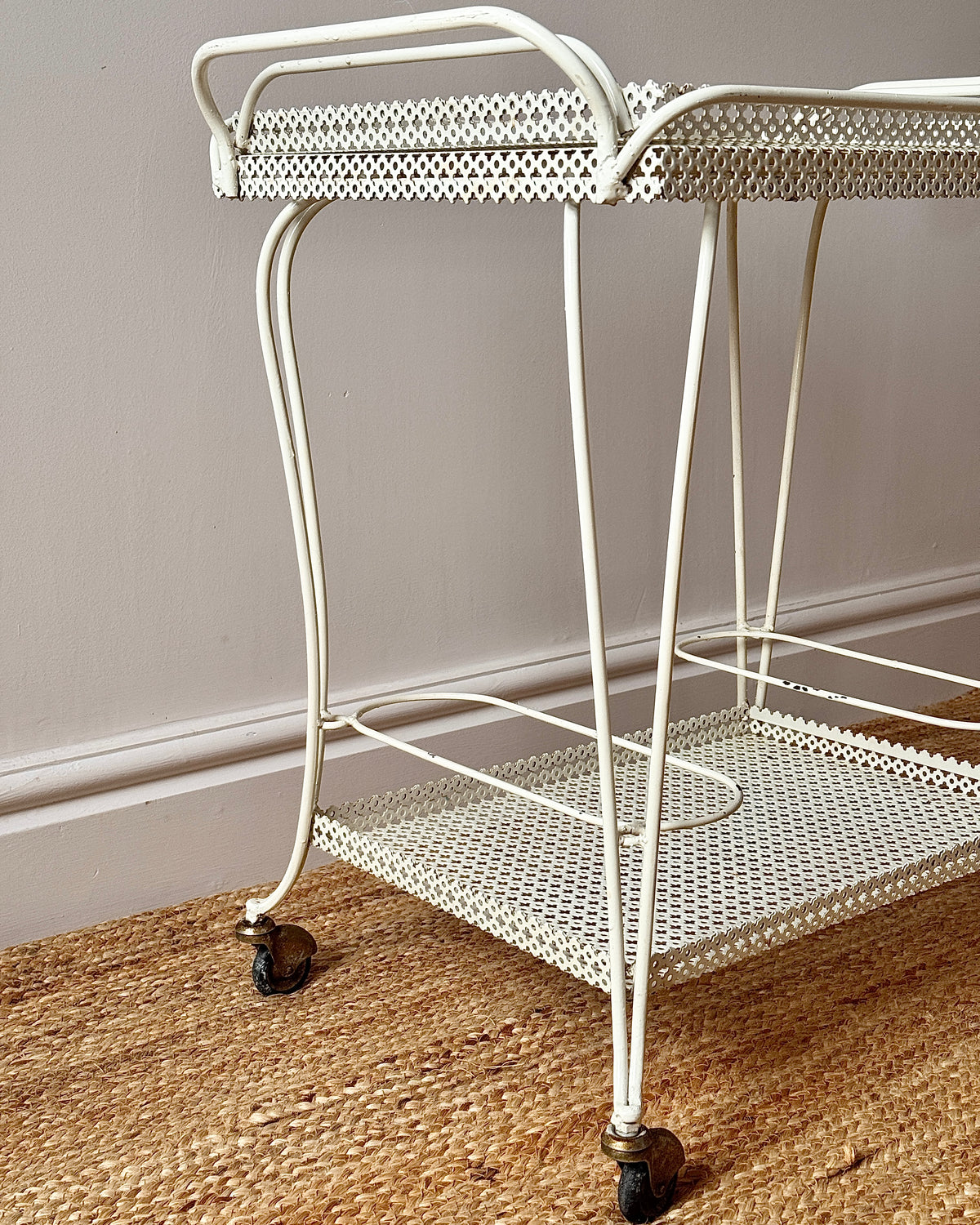 White Perforated Metal Bar Cart, In the Style of Mathieu Matégot