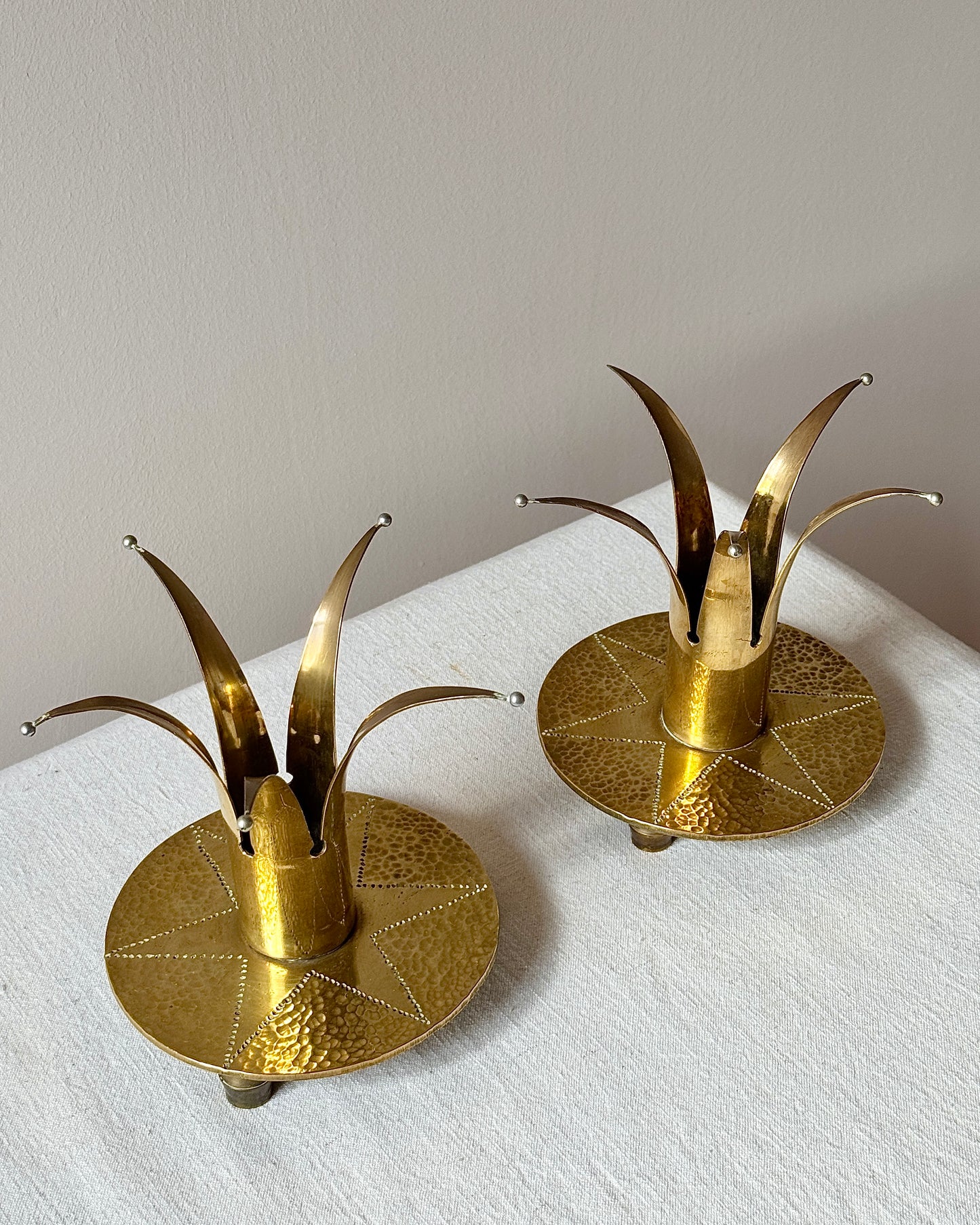 Pair of Swedish Brass Crown Candleholders with Hammered Bases, circa 1950